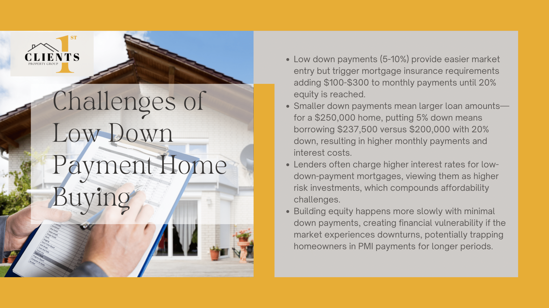 Infographic on challenges of low down payment home buying with mortgage options and PMI avoidance statistics.