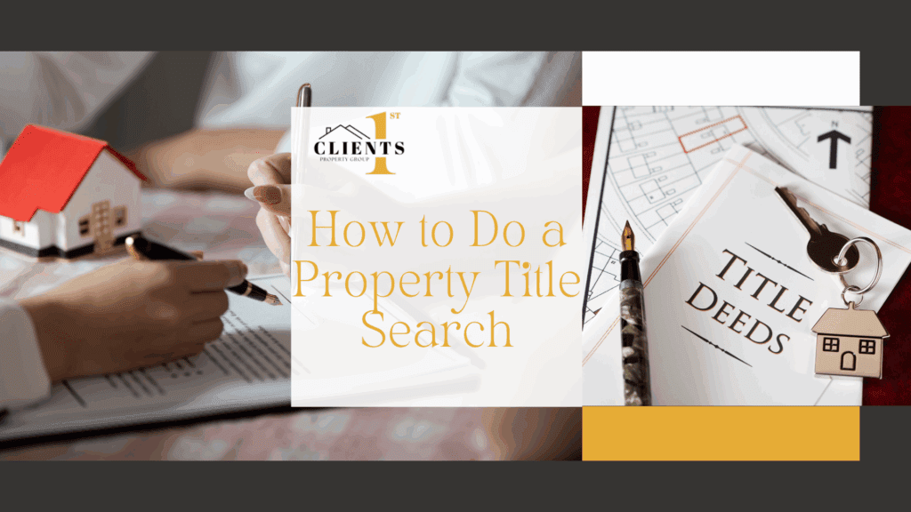 Hands holding a house model, keys, and documents on property title searches for Clients 1st Property Group.